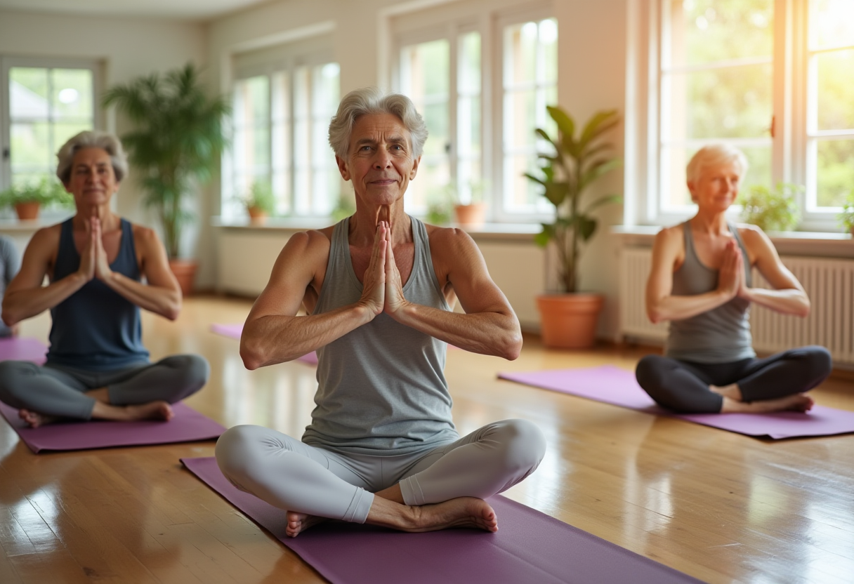 Група людей зрілого віку виконує йогу на світанку